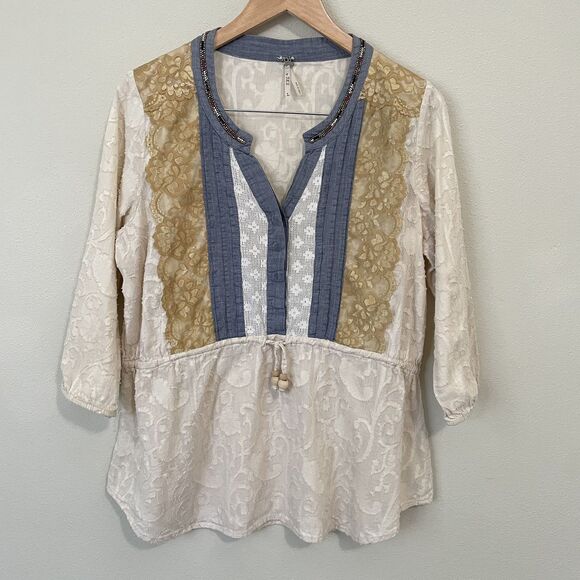 Gimmicks By BKE Top Womens L V-Neck 3/4 Sleeve Pullover Shirt Lace Beaded Boho - Picture 1 of 15